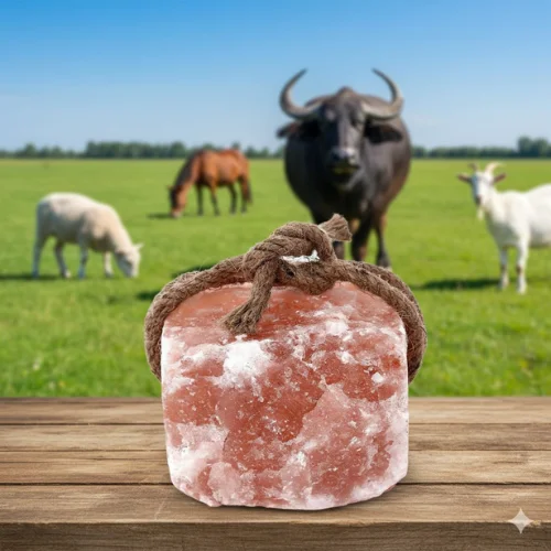 Livestock licking natural mineral salt block in farm