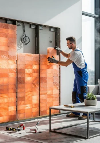Himalayan salt bricks installed in sauna room wall