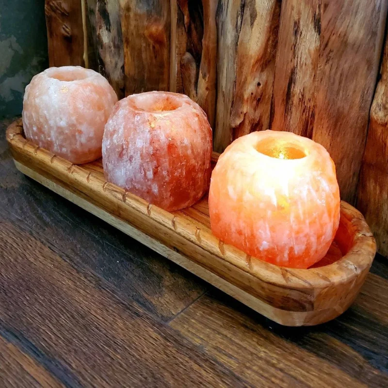 Himalayan Salt Candle holders and Solid Wood Candle Tray Set